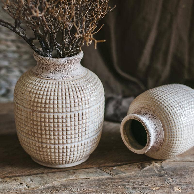 White Textured Porcelain Ceramic Jar Vase - HER Home Design Boutique